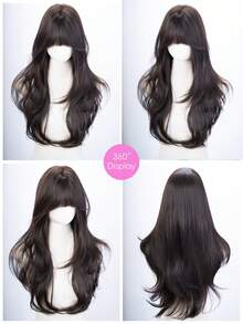 这款28英寸长的合成假发，拥有自然波浪卷发造型，颜色为迷人的黑色。它采用刘海设计，并使用耐热纤维制成，确保经久耐用。这款假发非常适合日常佩戴，能够打造自然逼真的效果。 - 黑色 - 查看 9