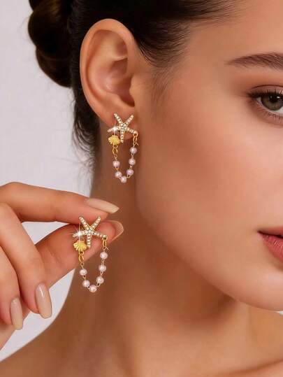 1 Pair European And American Summer Fashion Metal Starfish & Faux Pearl Tassel Earrings, Suitable For Women's Vacation Wear, Mother's Day Gift