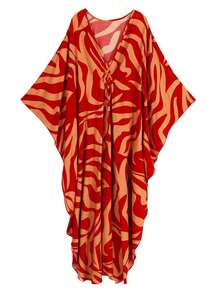 Saída de praia feminina de luxo, modelo longo, com estampa romântica, decote em V profundo, mangas morcego e modelagem solta, ideal para festas e eventos na primavera/verão de 2026. - Vermelho - Ver 2