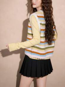 Alicedudu Women's Autumn Casual Cute Colorful Striped Ribbed Front Button Vacation Beach Knit Cardigan Vest - Multicolor - View 3
