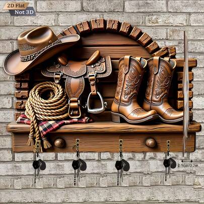 2D 平面。1 件装。西部牛仔主题钥匙挂钩 - 多功能装饰钥匙架，带四个金属挂钩，可作墙面装饰、房间装饰、四季家居装饰品，适用于门廊、走廊等！