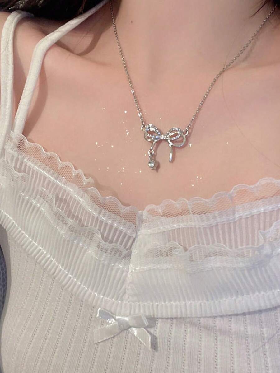 1/3/5件装女士蝴蝶结项链吊坠，镶嵌钻石，百搭锁骨项链 - 銀色 - 查看 1