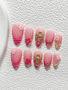 10pcs Sweet Fashion Princess Style Polygonal Gel Nail Art Set, Acrylic Pressed Nails, Leopard Print, 3D Rose Pink Stars, Hollow Gold Cross, Golden Starfish, Jelly Texture Nail Decorations, Includes Nail File (1 Jelly Sticker + 1 Nail File). Available In 3 Sizes: Almond, Duck Mouth, Coffin. Suitable For Daily, Date, Leisure, Travel Photography, Spring/Summer Commute, Etc. - 彩色 - 查看 13