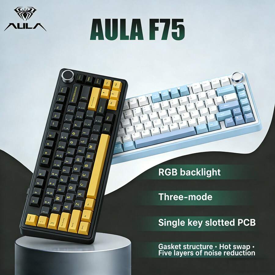 AULA F75 75% Wireless Mechanical Keyboard, Hot-Swappable Custom Keyboard With Knob, RGB Backlit, Pre-Lubed Linear Switches, 2.4GHz/Type-C/BT5.0 Connectivity, Gaming Keyboard