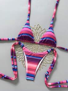 两件套性感多巴胺条纹挂脖比基尼套装 - 可调节系带上衣 + 低腰泳裤 | 女神度假泳装沙滩夏季 - 玫紅色 - 查看 3