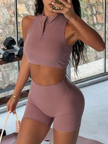 Women's Summer 2 Pieces Set, Casual Padded Zipper Collar Vest Top Paired With High Waist Tight Lifting Shorts, Women Sports Fitness Yoga Gym Suit - Dark Powder Color - View 7