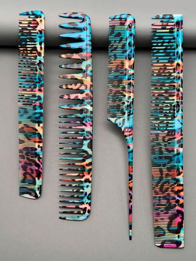 4pcs Hairstylist Graffiti Style Hair Brush Set, Professional Salon Haircutting Styling Comb For Long Hair Trimming And Shaping