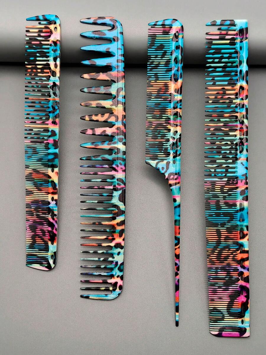 4pcs Hairstylist Graffiti Style Hair Brush Set, Professional Salon Haircutting Styling Comb For Long Hair Trimming And Shaping - Multicolor - View 1