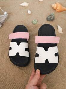 1 Pair Summer Kids Flat Thick Sole Slide Sandals, Fashion Versatile Hook And Loop Design Slip-On Girls Slippers, Suitable For Outdoor, Party, Beach - Pink - View 4