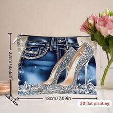 1pc Diamond High Heel & Denim Design Cosmetic Bag, 2D Printed Makeup Pouch With Zipper Closure, Women's Travel Toiletry Organizer, Casual Fashionable Daily Essential, Stylish Accessory, High-Quality Printing, Beauty Necessity, 2D Flat Design - Multicolor - View 9