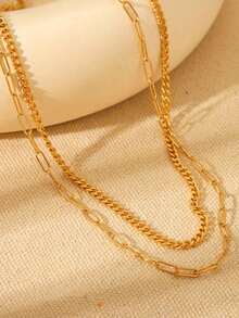 2pcs Stainless Steel Chain Necklace Set, Fashionable Minimalist Paperclip & Curb Chain Layered Choker Necklaces, Luxury Niche Versatile Multi-Layer Necklace Accessories For Women - Gold - View 3