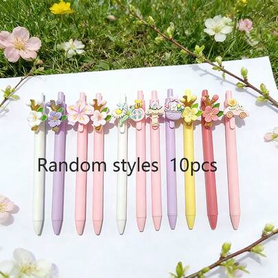 10 st. slumpmässiga tryckknappspennor med vårblommor, lämpliga för kvinnor, kontors-/studiesignering, små julklappar