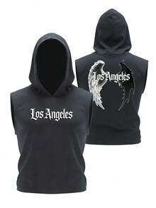 洛杉矶城市雄狮图案无袖背心，男士深灰色连帽休闲背心，复古字体印花设计，透气舒适夏季街头服饰 - 灰色 - 查看 1