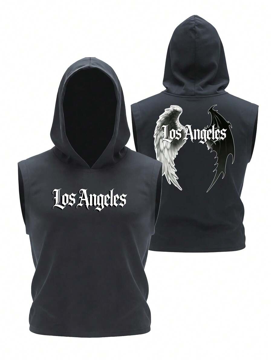 洛杉矶城市雄狮图案无袖背心，男士深灰色连帽休闲背心，复古字体印花设计，透气舒适夏季街头服饰 - 灰色 - 查看 1