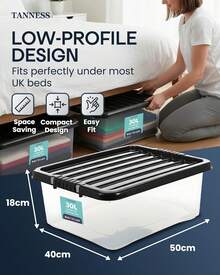 4 Pack 30L Underbed Storage Boxes With Lids |   Clear Plastic Storage Containers With Black Lids |   Stackable Storage Boxes For Home, Office, And Kitchen Organization - 2 - View 2