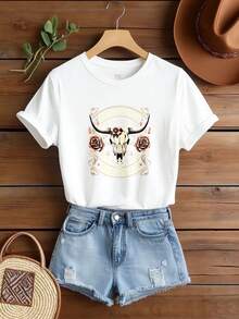 Crew Neck Graphic Cotton T-Shirts For Women, Beautiful Disaster Cow Skull Roses Design  Oversized Casual Short-Sleeved T-Shirts, Unisex Tees, Spring And Summer Fashion Women'S Top T-Shirts - trắng - Xem 2