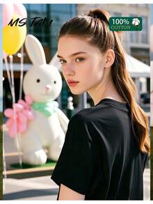 Camiseta para mujer 100% algodón cuello redondo ligera cómoda transpirable suave versátil ideal para uso diario casual paseos primavera verano hogar y salida - Negro - Ver 2