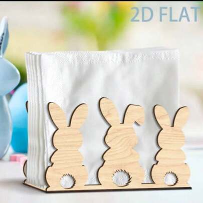 2D立体餐巾架，以复活节兔子为主题，周围环绕着彩蛋和鲜花，专为餐巾纸分配器设计，也可作为餐巾纸托盘、鸡尾酒餐巾纸架和餐巾纸收纳架使用，是餐厅和酒吧餐桌装饰的理想之选。