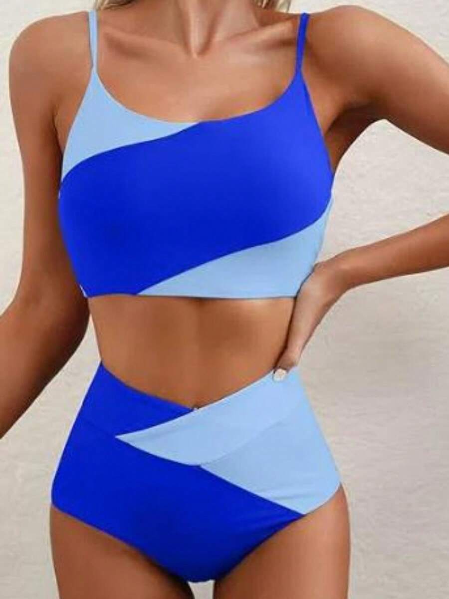 Women's Two Piece Bathing Suits Sleeveless Contrast Color Cami Tops High Waist Thong Sets - Blue - View 1