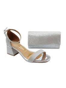 Vizzano Women's Sandal Kit - Low Heel, Block Heel, Chunky Heel, Closed Heel, Metallic, Glitter Strap, Elegant Party Shoes + Glitter Party Bag In Silver, Gold, And Rose Gold - Bạc - Xem 1