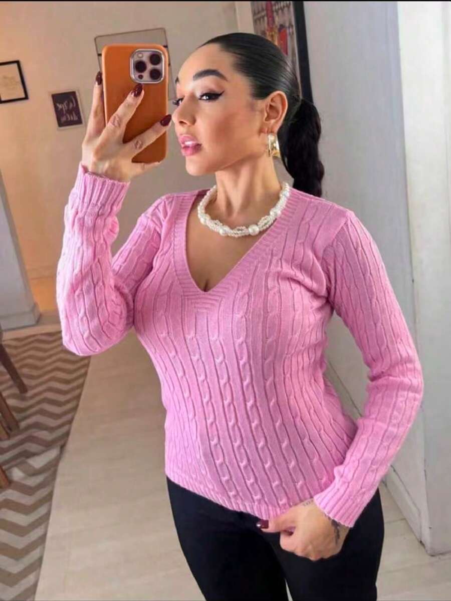 Alice Fashion Basic V-Neck Braided Knit Blouse By Cacharreu Women's Fashion Long Sleeve Knit - Màu Hồng baby - Xem 1