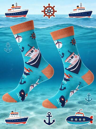 1 Pair Unisex Ocean Themed Socks - Cartoon Ship, Anchor And Compass Pattern, Creative Novelty Daily Casual Socks, Ideal Gift For Sailing And Ocean Enthusiasts, Fashionable Leisure Socks For All Year Round