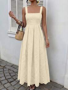 Womens Sleeveless Maxi Summer Dresses 2026 Hollow Out Eyelet Square Neck Ruffle Flowy Beach Vacation Sundress - 米色 - 查看 2