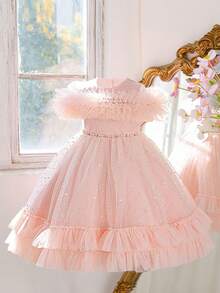 Váy nơ trễ vai lưới xếp nếp thanh lịch dành cho bé gái, thích hợp cho các buổi khiêu vũ ở trường, tiệc sinh nhật - Hồng - Xem 3