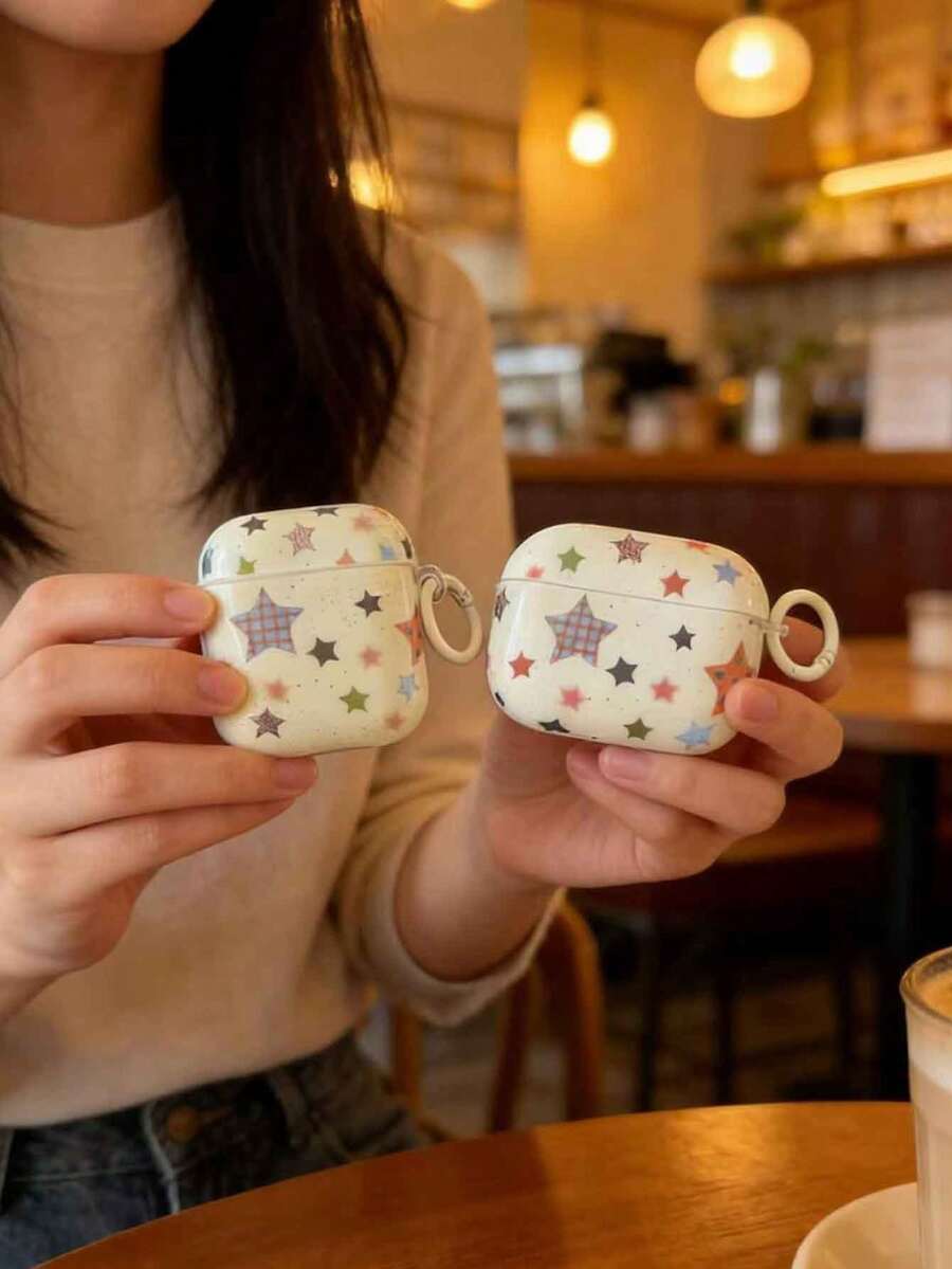 1个双色IMD一体式极简格子星形设计软耳机保护套+耳挂,适用于 Pro 2,可爱简约Apple 4代3新款半耳机保护套(女士款) - 彩色 - 查看 1