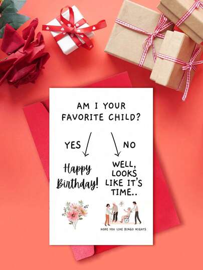 1 张搞笑妈妈生日贺卡 - “我是你最喜欢的孩子吗？”（宾果之夜幽默）| 妈妈女儿/儿子兄弟姐妹竞赛贺卡 | 内页空白，含信封