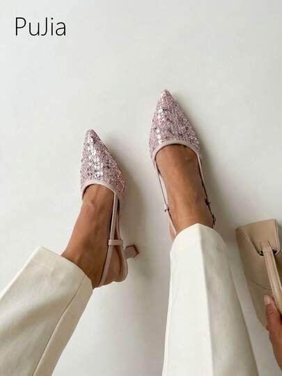 Giày cao gót mũi nhọn đính sequin dành cho nữ - Giày cao gót thấp bằng lưới lấp lánh, thích hợp cho đám cưới, tiệc tùng, dạ hội - Giày cao gót thấp quai ngang mắt cá chân thanh lịch - Màu hồng