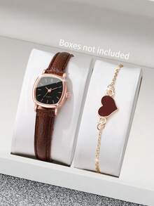 Set de 2 piezas: Reloj de pulsera de cuarzo elegante para mujer con esfera cuadrada y esfera pequeña + Pulsera con dije de corazón (Caja de reloj no incluida) - Marrón - Ver 11