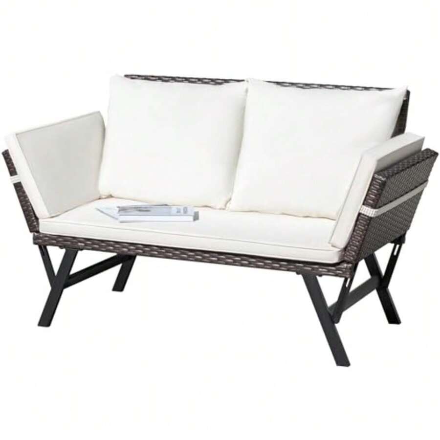 Outdoor Sofa Woven Rattan Patio Furniture Convertible Daybed Or Double Chair With Adjustable Armrests Cushions And Pillows For Yard Porch Pool Brown Lounger And Beige Pillowcase - 棕色躺椅和米色枕頭套 - 查看 1