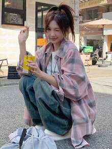 Pink Plaid Long Sleeve Shirt, Casual Loose Fit Suitable For Early Autumn Spring - Pink - View 8