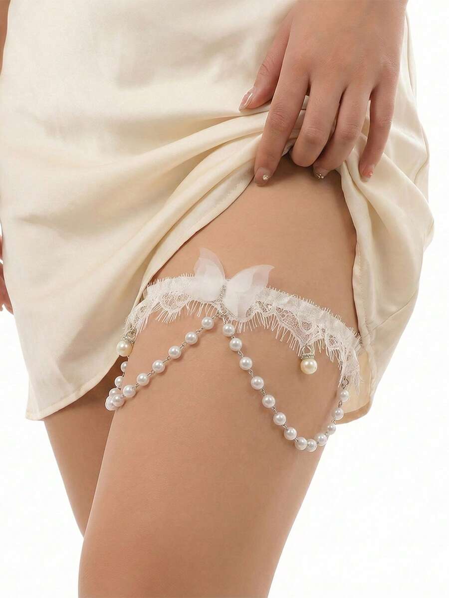 新娘吊袜带，配有可爱蝴蝶结、蕾丝和性感珍珠腿链，大腿吊袜带 - 白色 - 查看 1