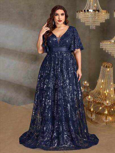 BluePlum 高品质弹力优雅亮片拼接深V领蝙蝠袖短袖串珠设计A字修身大码正式鸡尾酒会婚礼周年纪念家庭正式晚宴新娘送礼会生日庆典奢华正式新娘母亲礼服（装饰繁复）