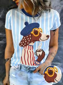 腊肠犬图案，女士夏季穿搭，女士沙滩装，女士休闲圆领短袖简约T恤 - 彩色 - 查看 3