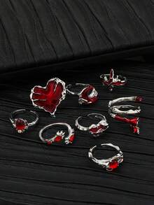 8 pezzi Set di anelli da donna in stile punk con cuore a goccia rossa, strass a forma di ragno e luna crescente con cuore e strass - Argento - Visualizzare 4