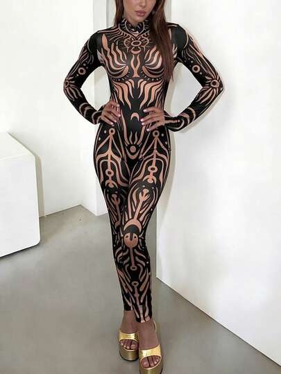 DOUCIU Seksowny, dopasowany kombinezon z okrągłym dekoltem i długim rękawem w kontrastowym kolorze dla kobiet w kolorze czarnym