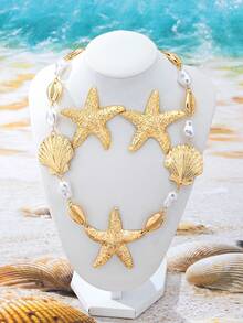 Set Kalung & Anting Liontin Bintang Laut, Mutiara, Kerang, dan Kepiting Gaya Laut 3pcs/Set, Cocok untuk Pakaian Sehari-hari & Liburan Wanita - Yellow Gold - View 2