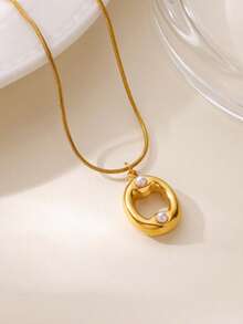 MECYLIFE 1件装时尚不锈钢26字母吊坠项链，镶嵌珍珠，女士项链 - 珍珠字母 - 查看 14