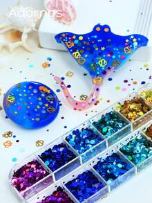 1盒海洋风泡泡亮片DIY工艺品制作配件闪亮圆形贝壳状薄片硅胶模具树脂填充夏季礼物钥匙扣手工材料 - 彩色 - 查看 3