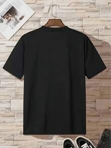 Men's Loose Printed Short Sleeve T-Shirt, Loose Type, Machine Washable, Printed Letter Pattern Design - Black - View 2