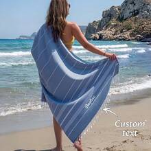 1 pieza Manta de playa bordada con nombre personalizado, decorada con flecos, tamaño 180*100cm. Hecha de tela a rayas con múltiples opciones de color. Adecuada para sofá, silla de sofá, ropa de cama, playa, piscina y decoración del hogar. Un excelente regalo de vacaciones para familiares y amigos. - Azul - Ver 1