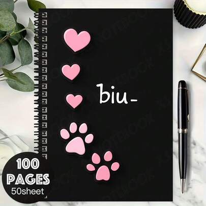 100-Page "Biu" Cute Heart & Paw Print Spiral Notebook, Minimalist Yet Eye-Catching. Suitable For Work Notes, Study Memos, Diary Writing, Daily Planning, And Makes A Great Graduation Or Birthday Gift.