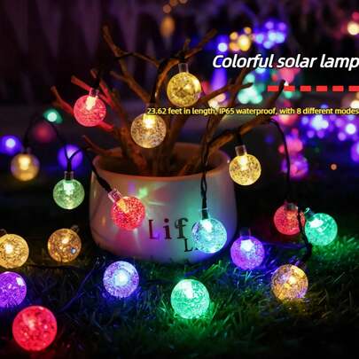 LED Crystal Ball String With Solar Function And Waterproof Battery-Powered Multi-Crystal Ball String Light, Equipped With 30 LED Bulbs, Is 6 Meters (236.2 Feet) In Length. It Has 8 Modes. It Is An Outdoor Color Solar Light Suitable For Balconies, Terraces, Weddings, Gardens, Trees, And Can Also Be Used As A Decoration For Christmas Parties.