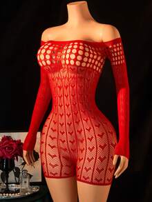 1件装女士性感渔网连体衣，镂空透视长袖紧身衣性感睡裤，火辣女孩装扮，比基尼罩衫，性感派对角色扮演服装情人节，黑色内衣 - 紅色 - 查看 3