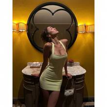 New Fashion Sexy Solid Color Bandage U-Neck Stretch Ribbed Slim Fit Camisole Bodycon Dress For Women - Màu vàng - Xem 1
