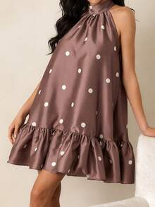 Women Summer Halter Neck Sleeveless Mini Dress Mock Neck Satin Ruffle Hem A Line Party Club Dresses - Brown - View 2