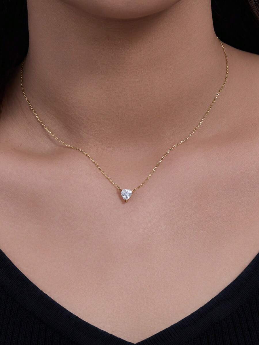 1件S925纯银极简主义镶钻颈链，配锆石心形吊坠，奢华设计 - 金色 - 查看 1